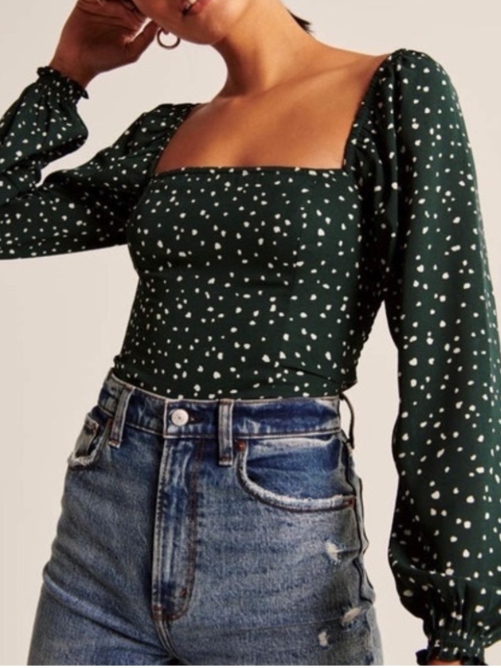 Abercrombie & Fitch Green Puff Long Sleeve Crop Blouse